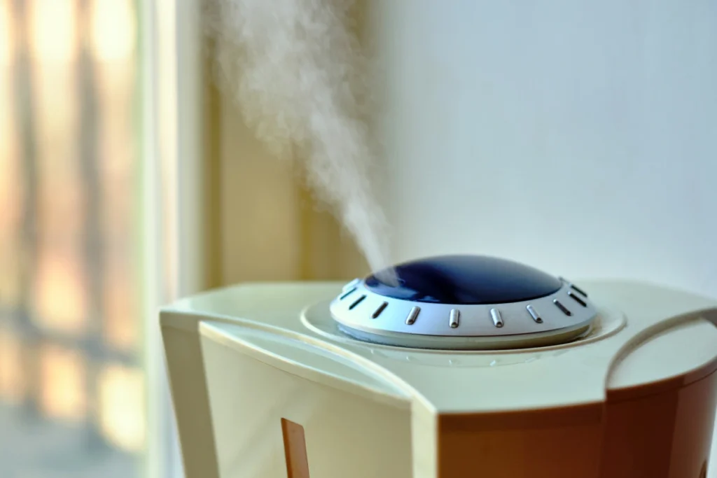 Whole-House Humidifier In St. Louis Park, MN 1 A small humidifier placed on a wooden table, emitting a gentle mist into the air.