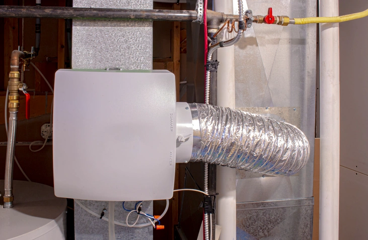 Furnace Humidifier In St. Louis Park, MN 1 A white box with a metal pipe connected to its side, positioned against a neutral background.