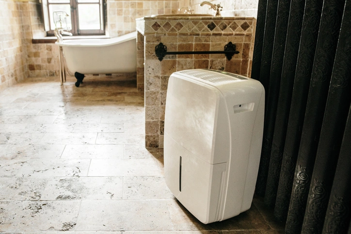 Dehumidifier for Washroom In St. Louis Park, MN 1 A white air conditioner installed in a bathroom, providing cooling and comfort in the space.