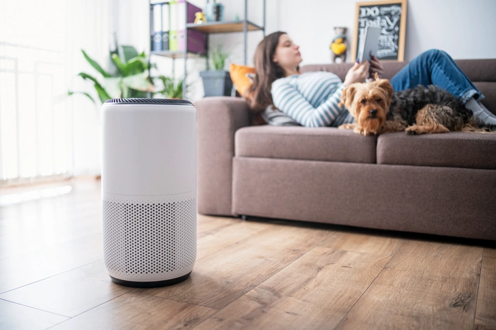 Home Humidifier In St. Louis Park, MN 1 A woman sits on a couch while a dog rests on the floor beside a smart air purifier in a cozy living room setting.