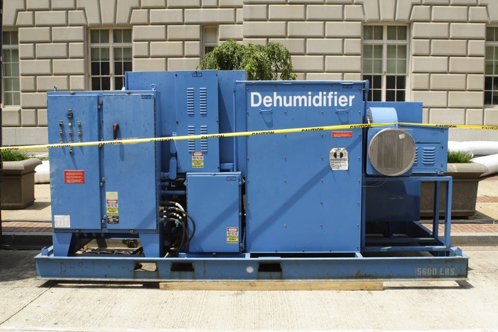 Industrial Dehumidifier In St. Louis Park, MN 1 A blue machine positioned on a sidewalk, surrounded by urban scenery.