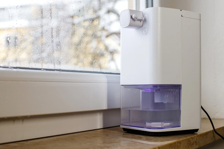 Commercial Dehumidifier In St. Louis Park, MN 1 A white and purple water dispenser placed on a kitchen counter, showcasing its sleek design and modern colors.